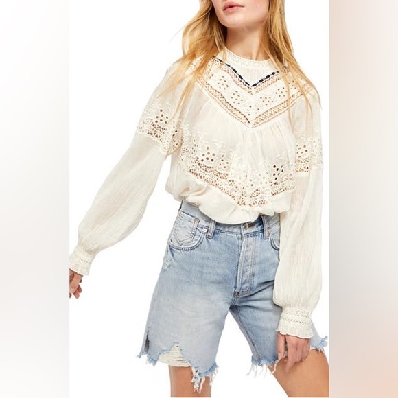 Free People Tops - Free People Abigail Lace Eyelet Victorian Long Sleeve Blouse Ivory size small